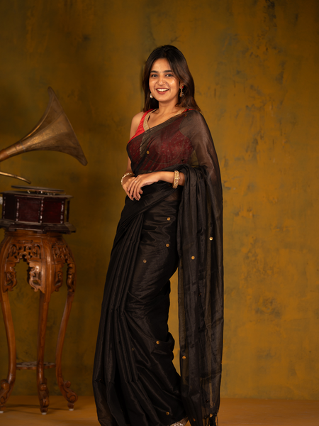 SAREEN Black Gini Raga Cotton Tissue Saree with Subtle Golden Dots