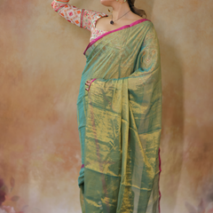 SAREEN Emerald Green Raga Cotton Tissue Saree with Golden Glow