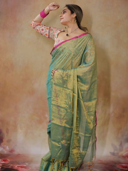 SAREEN Emerald Green Raga Cotton Tissue Saree with Golden Glow