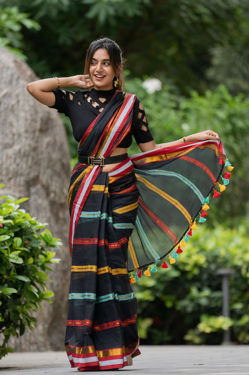 SAREEN Black Striped Mal Cotton Saree with Multicolor Border & Tassels