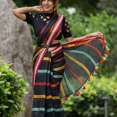 SAREEN Black Striped Mal Cotton Saree with Multicolor Border & Tassels