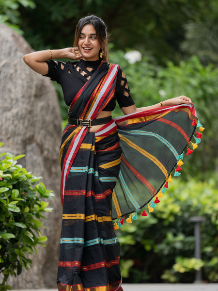 SAREEN Black Striped Mal Cotton Saree with Multicolor Border & Tassels