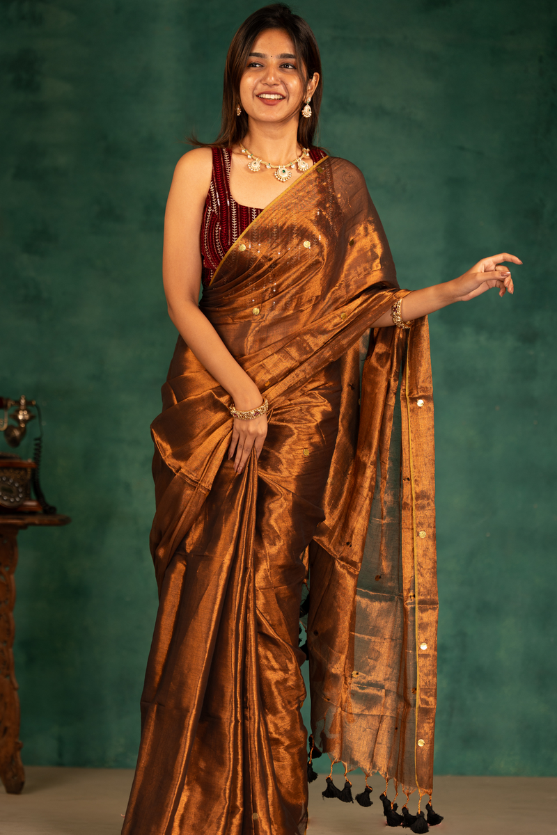 SAREEN Copper Bronze Gini Raga Cotton Tissue Saree with Subtle Gold Accents