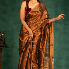 SAREEN Copper Bronze Gini Raga Cotton Tissue Saree with Subtle Gold Accents