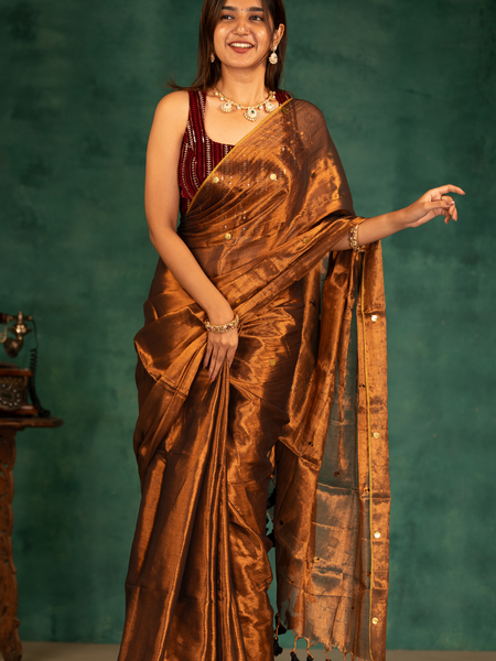 SAREEN Copper Bronze Gini Raga Cotton Tissue Saree with Subtle Gold Accents