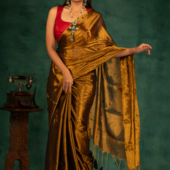 SAREEN Deep Antique Gold Gini Raga Cotton Tissue Saree with Elegant Tassels