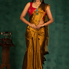 SAREEN Deep Antique Gold Gini Raga Cotton Tissue Saree with Elegant Tassels