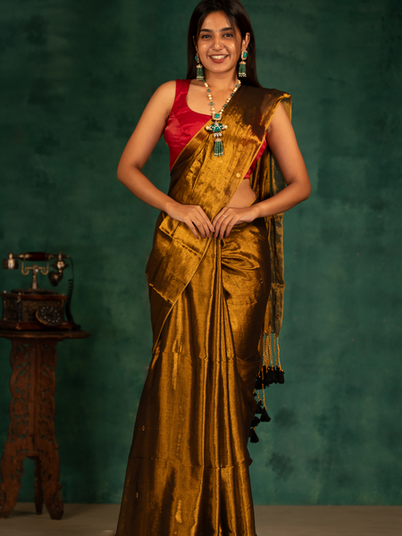 SAREEN Deep Antique Gold Gini Raga Cotton Tissue Saree with Elegant Tassels