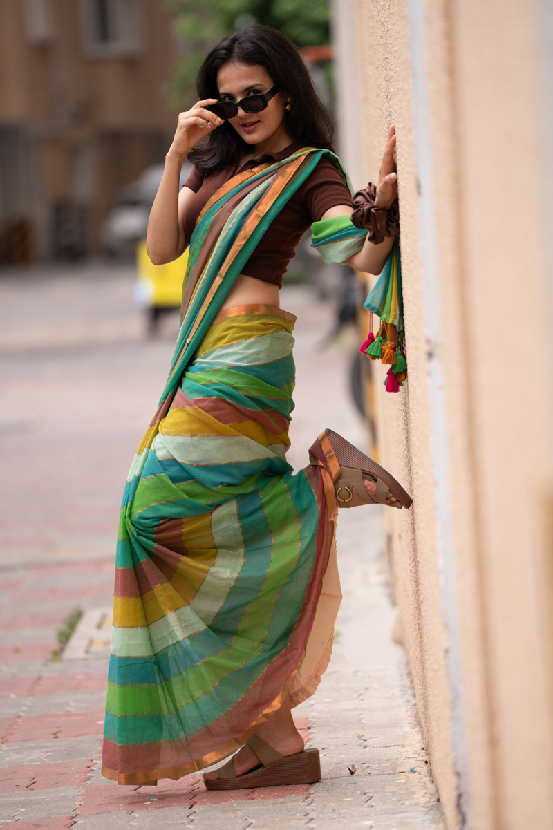 SAREEN Earthy Multi-Stripe Mal Cotton Saree with Tassel Pallu