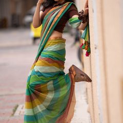 SAREEN Earthy Multi-Stripe Mal Cotton Saree with Tassel Pallu