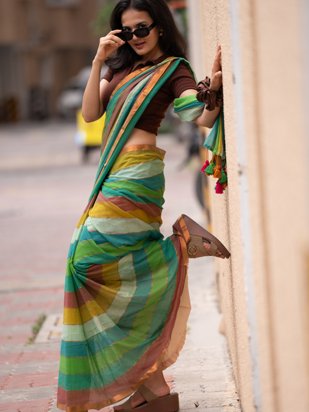 SAREEN Earthy Multi-Stripe Mal Cotton Saree with Tassel Pallu