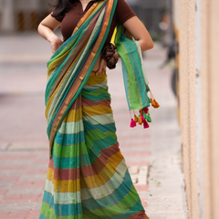 SAREEN Earthy Multi-Stripe Mal Cotton Saree with Tassel Pallu