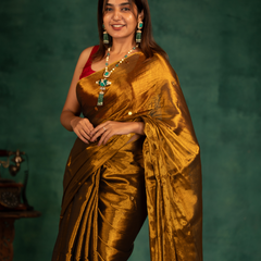 SAREEN Deep Antique Gold Gini Raga Cotton Tissue Saree with Elegant Tassels