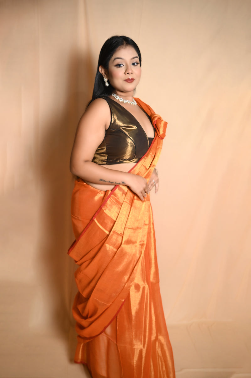 SAREEN Sunset Orange Raga Cotton Tissue Saree with Subtle Gloss Finish