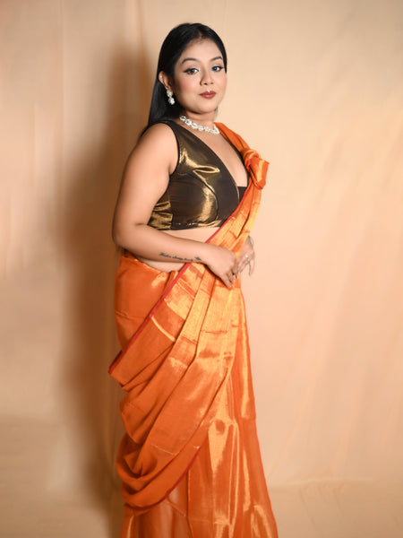 SAREEN Sunset Orange Raga Cotton Tissue Saree with Subtle Gloss Finish