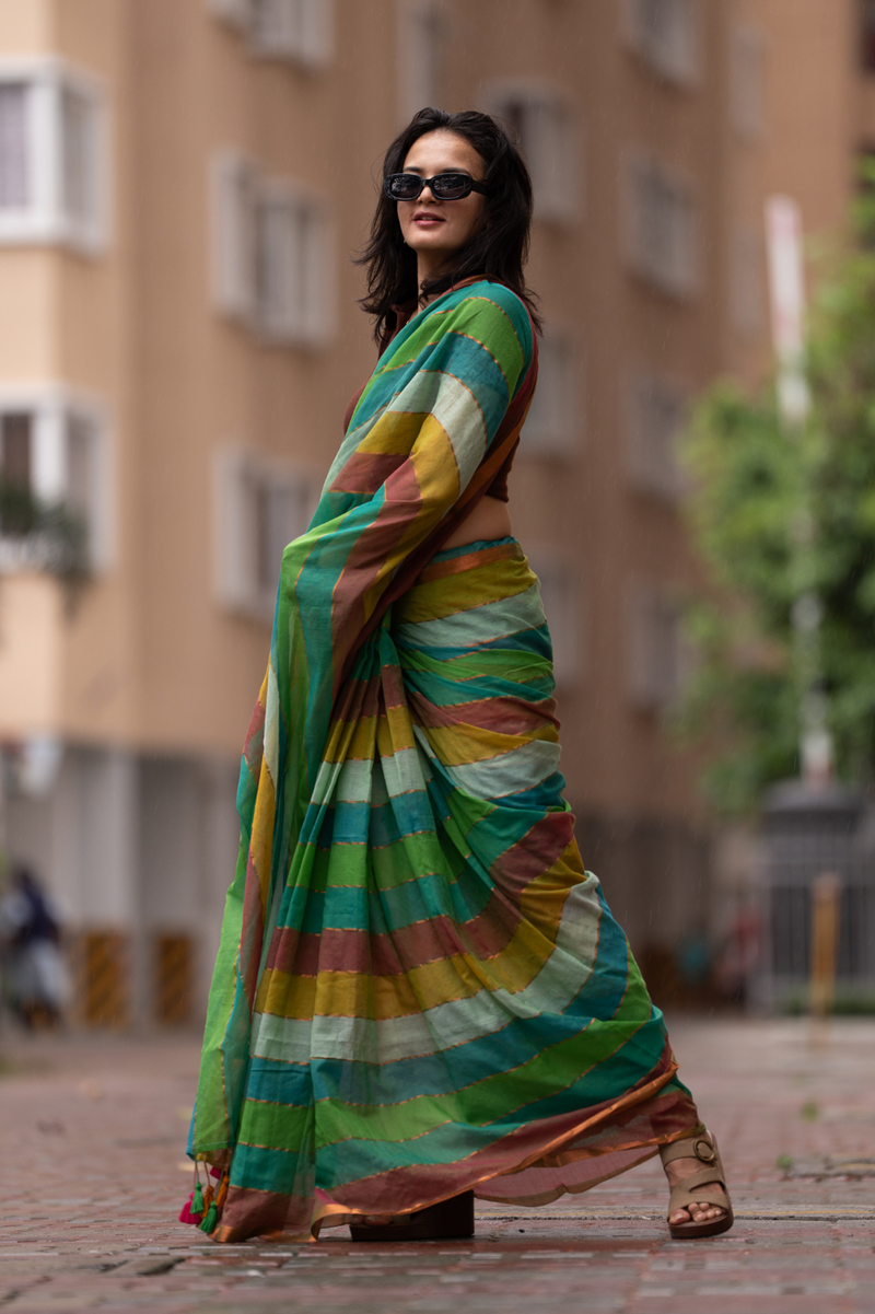 SAREEN Earthy Multi-Stripe Mal Cotton Saree with Tassel Pallu