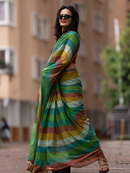 SAREEN Earthy Multi-Stripe Mal Cotton Saree with Tassel Pallu