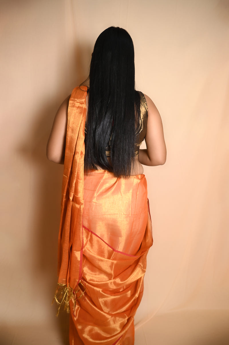 SAREEN Sunset Orange Raga Cotton Tissue Saree with Subtle Gloss Finish
