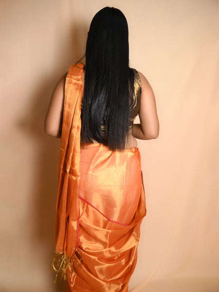 SAREEN Sunset Orange Raga Cotton Tissue Saree with Subtle Gloss Finish