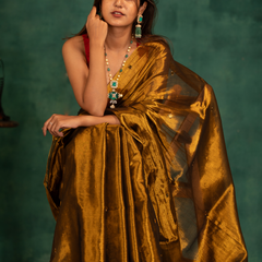 SAREEN Deep Antique Gold Gini Raga Cotton Tissue Saree with Elegant Tassels