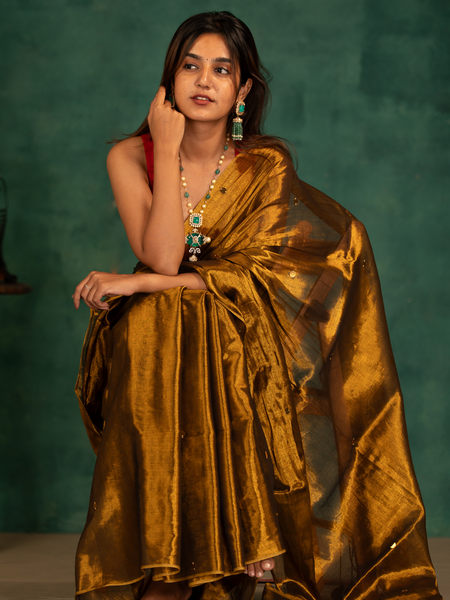 SAREEN Deep Antique Gold Gini Raga Cotton Tissue Saree with Elegant Tassels