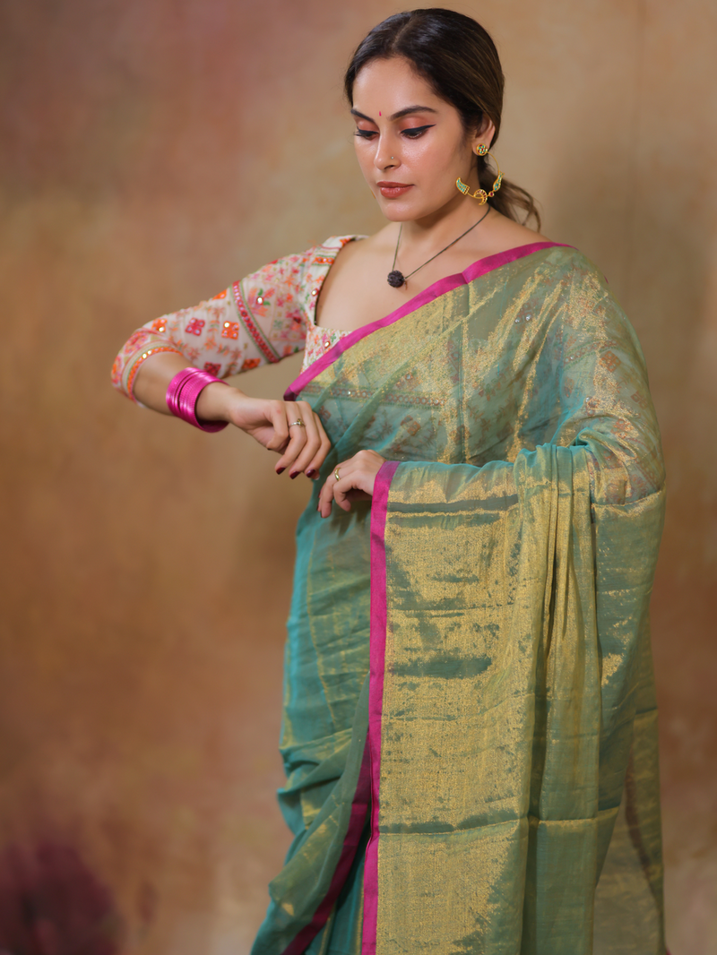 SAREEN Emerald Green Raga Cotton Tissue Saree with Golden Glow