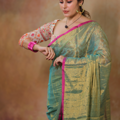 SAREEN Emerald Green Raga Cotton Tissue Saree with Golden Glow