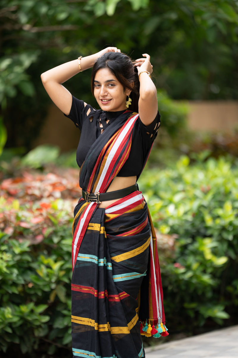 SAREEN Black Striped Mal Cotton Saree with Multicolor Border & Tassels