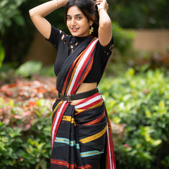 SAREEN Black Striped Mal Cotton Saree with Multicolor Border & Tassels