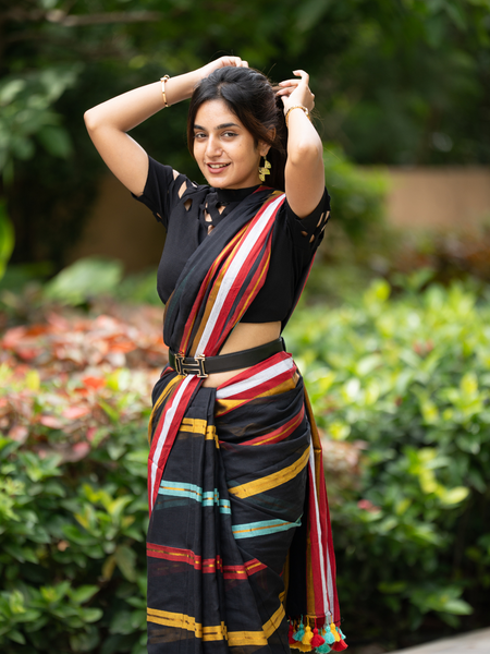 SAREEN Black Striped Mal Cotton Saree with Multicolor Border & Tassels
