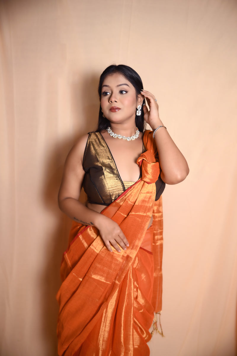 SAREEN Sunset Orange Raga Cotton Tissue Saree with Subtle Gloss Finish