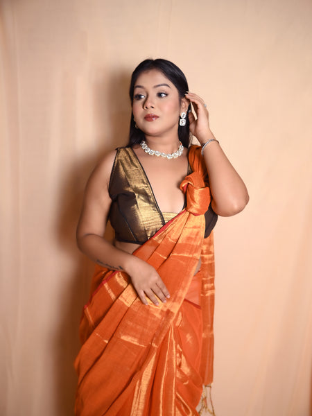SAREEN Sunset Orange Raga Cotton Tissue Saree with Subtle Gloss Finish