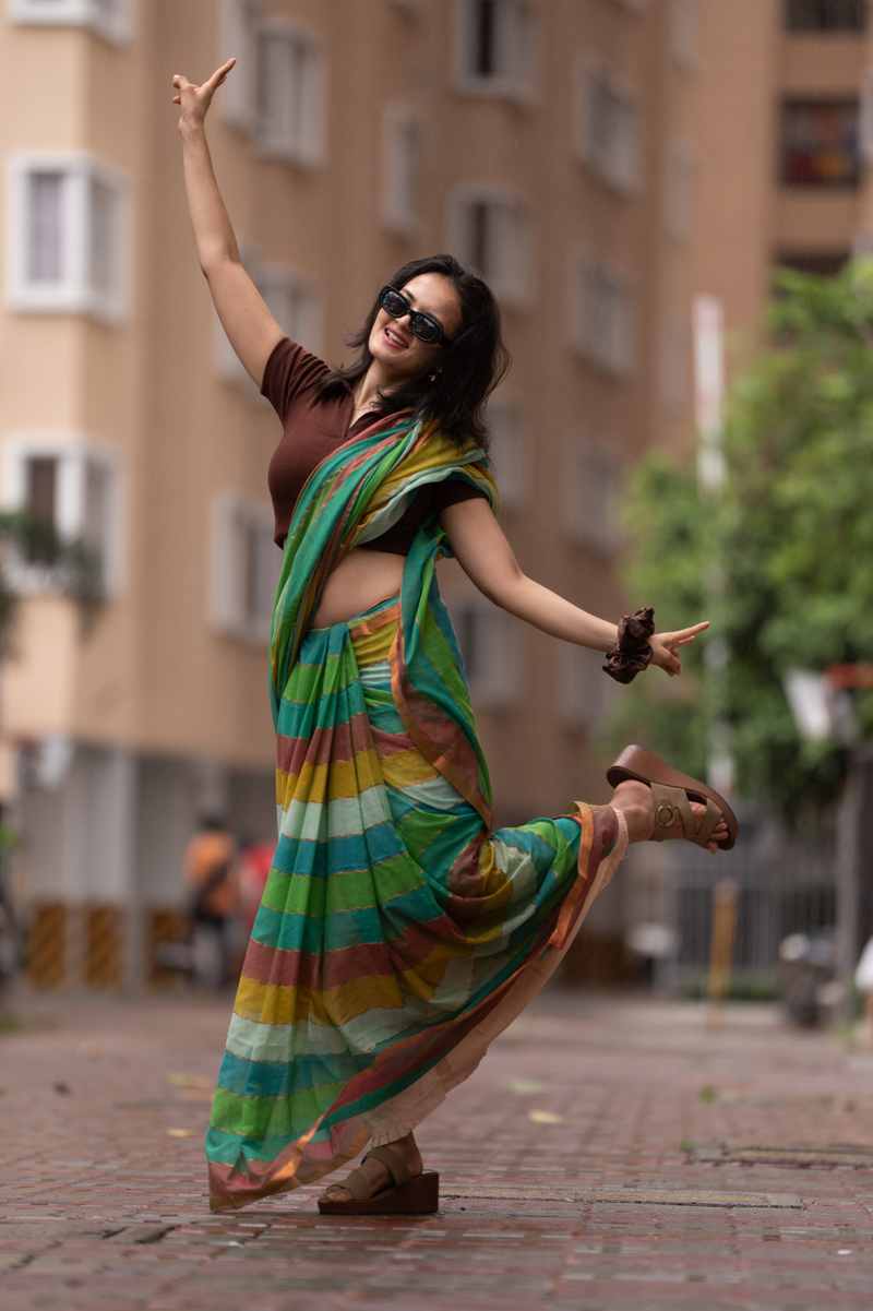 SAREEN Earthy Multi-Stripe Mal Cotton Saree with Tassel Pallu