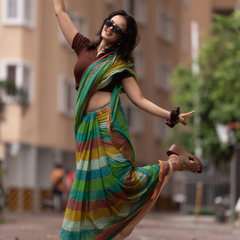 SAREEN Earthy Multi-Stripe Mal Cotton Saree with Tassel Pallu