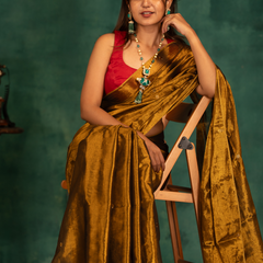 SAREEN Deep Antique Gold Gini Raga Cotton Tissue Saree with Elegant Tassels
