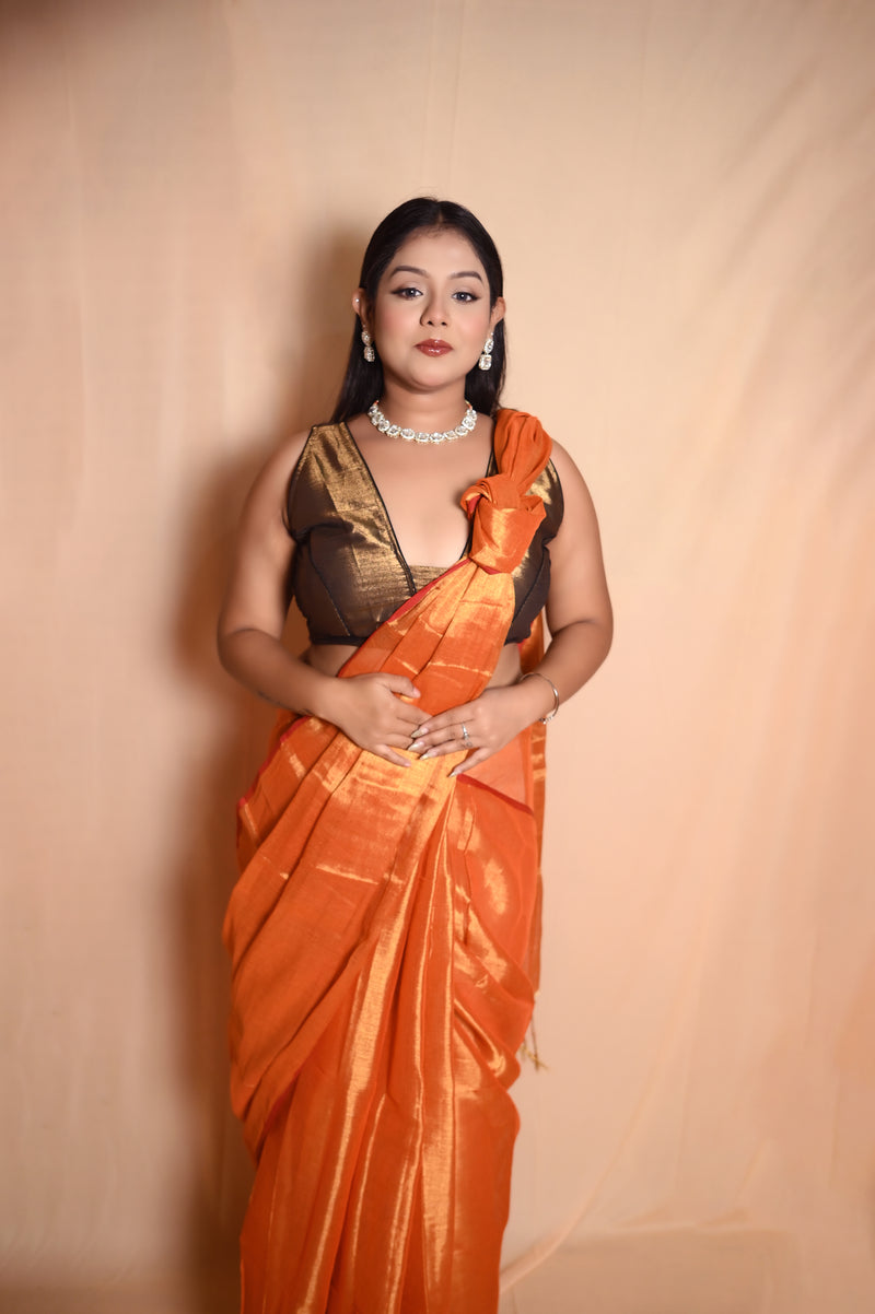 SAREEN Sunset Orange Raga Cotton Tissue Saree with Subtle Gloss Finish