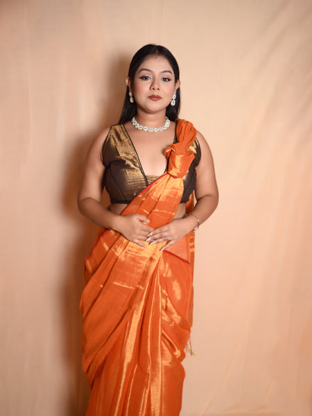 SAREEN Sunset Orange Raga Cotton Tissue Saree with Subtle Gloss Finish
