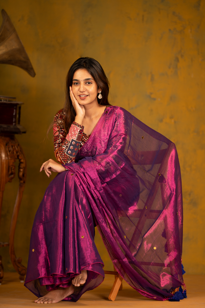 SAREEN Royal Magenta Gini Raga Cotton Tissue Saree with Gold Dot Accents