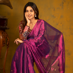 SAREEN Royal Magenta Gini Raga Cotton Tissue Saree with Gold Dot Accents