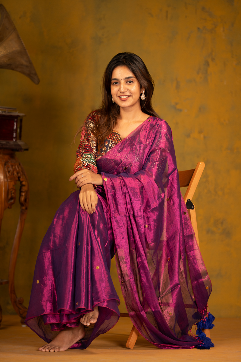 SAREEN Royal Magenta Gini Raga Cotton Tissue Saree with Gold Dot Accents
