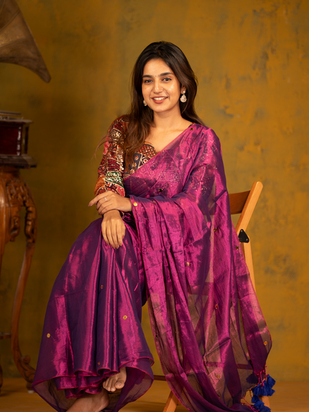 SAREEN Royal Magenta Gini Raga Cotton Tissue Saree with Gold Dot Accents