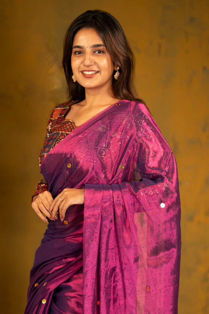 SAREEN Royal Magenta Gini Raga Cotton Tissue Saree with Gold Dot Accents