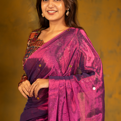 SAREEN Royal Magenta Gini Raga Cotton Tissue Saree with Gold Dot Accents
