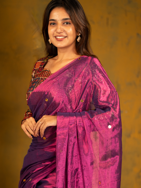 SAREEN Royal Magenta Gini Raga Cotton Tissue Saree with Gold Dot Accents