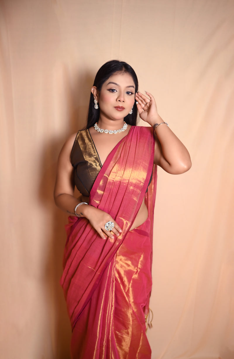 SAREEN Rose Pink Raga Cotton Tissue Saree with Golden Sheen Border