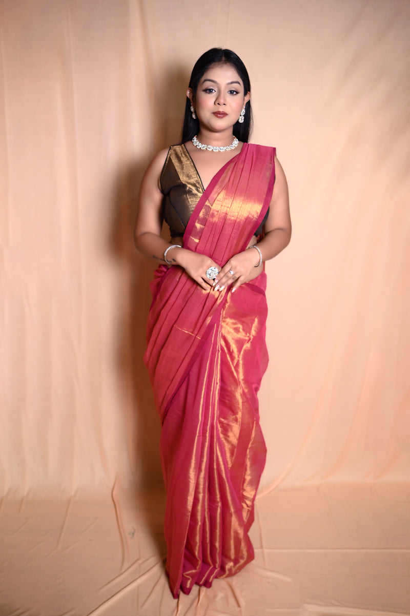 SAREEN Rose Pink Raga Cotton Tissue Saree with Golden Sheen Border