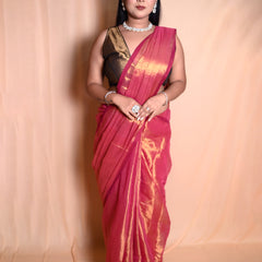 SAREEN Rose Pink Raga Cotton Tissue Saree with Golden Sheen Border