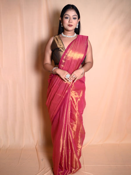 SAREEN Rose Pink Raga Cotton Tissue Saree with Golden Sheen Border