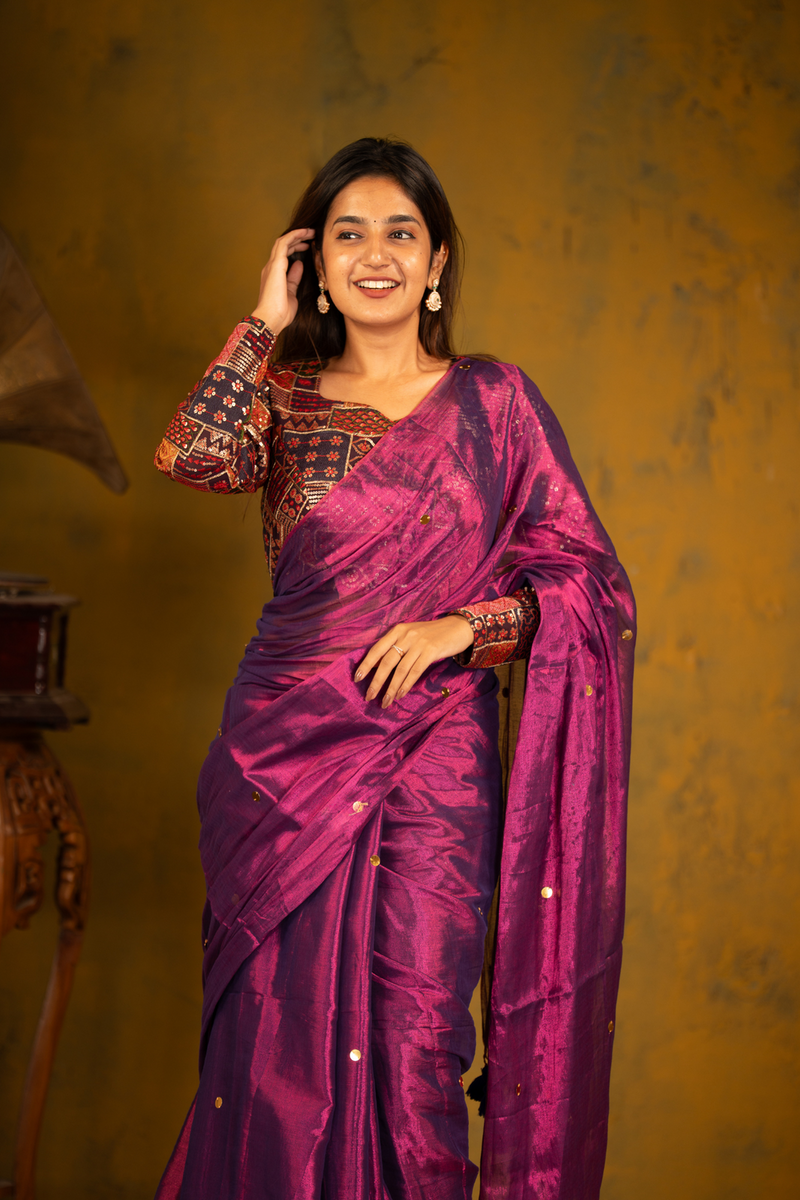 SAREEN Royal Magenta Gini Raga Cotton Tissue Saree with Gold Dot Accents