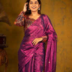 SAREEN Royal Magenta Gini Raga Cotton Tissue Saree with Gold Dot Accents